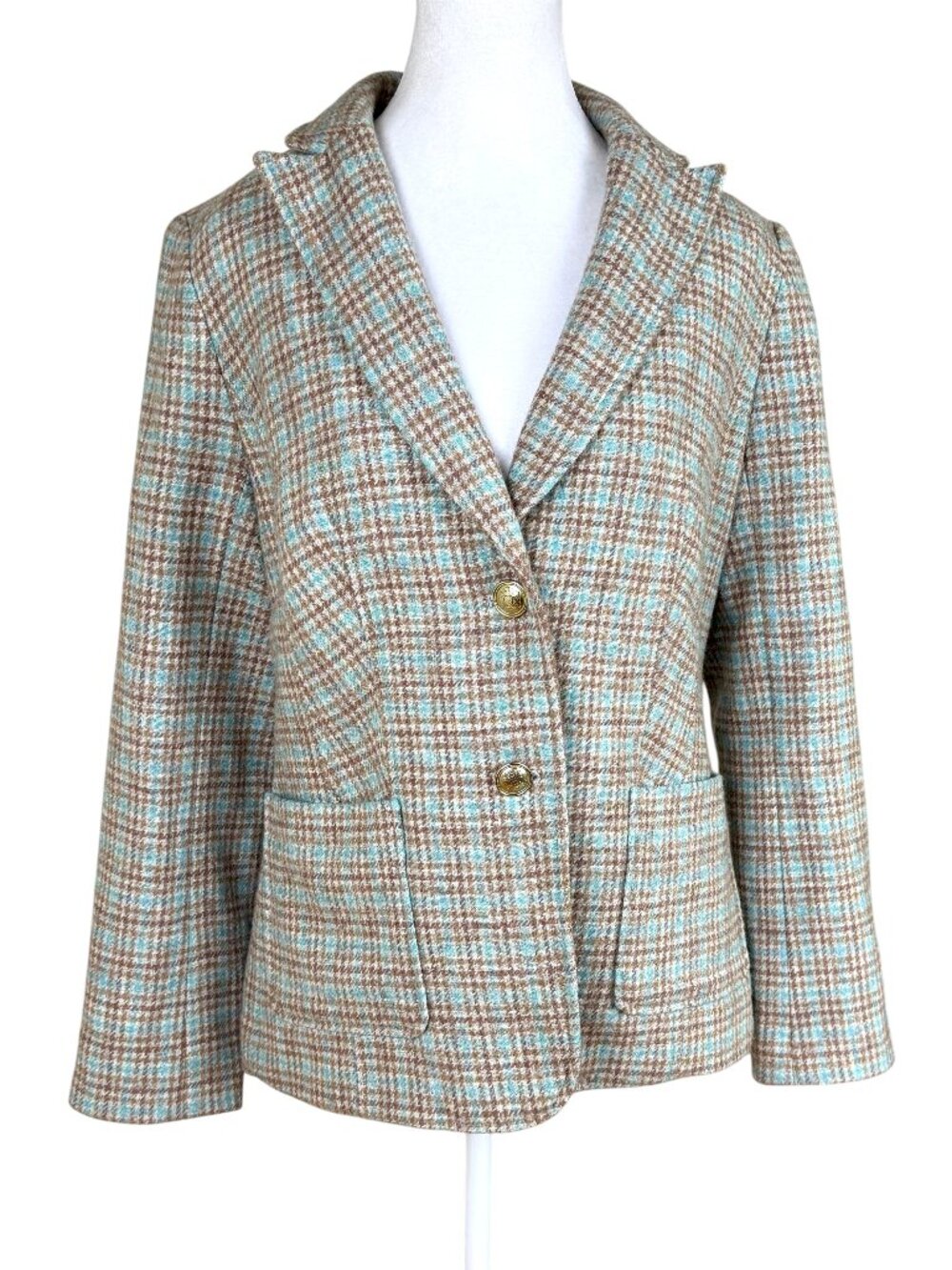 Talbots Plaid Blazer Wool Blend Tan Teal Gold Buttons Classic (6)